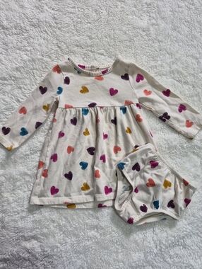 12 Month Cream Heart Print Long Sleeve Dress & Bloomer Set